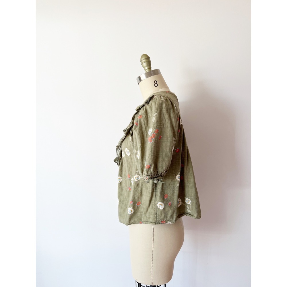 Puff Sleeve Cotton Blend Blouse Green Floral Ruffle Prairie Gauze Peasant PS - Picture 2 of 6